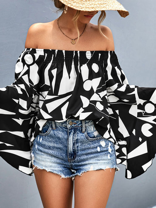 Off-Shoulder Bell Sleeve Print Blouse