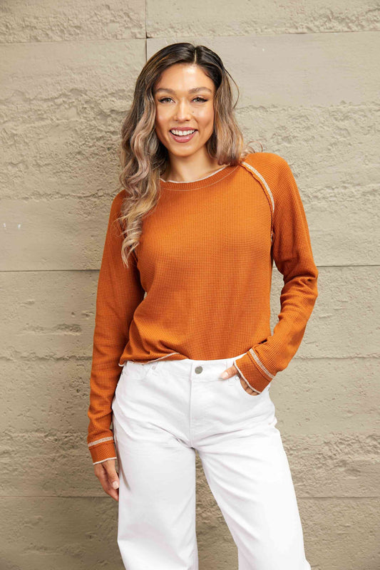 Stitched Accent Seam Long Raglan Sleeve Top