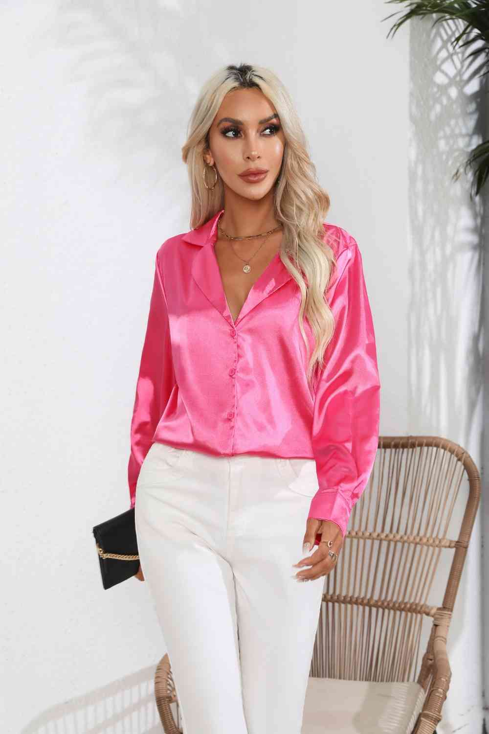 Lapel Collar Satin Sleeve Shirt