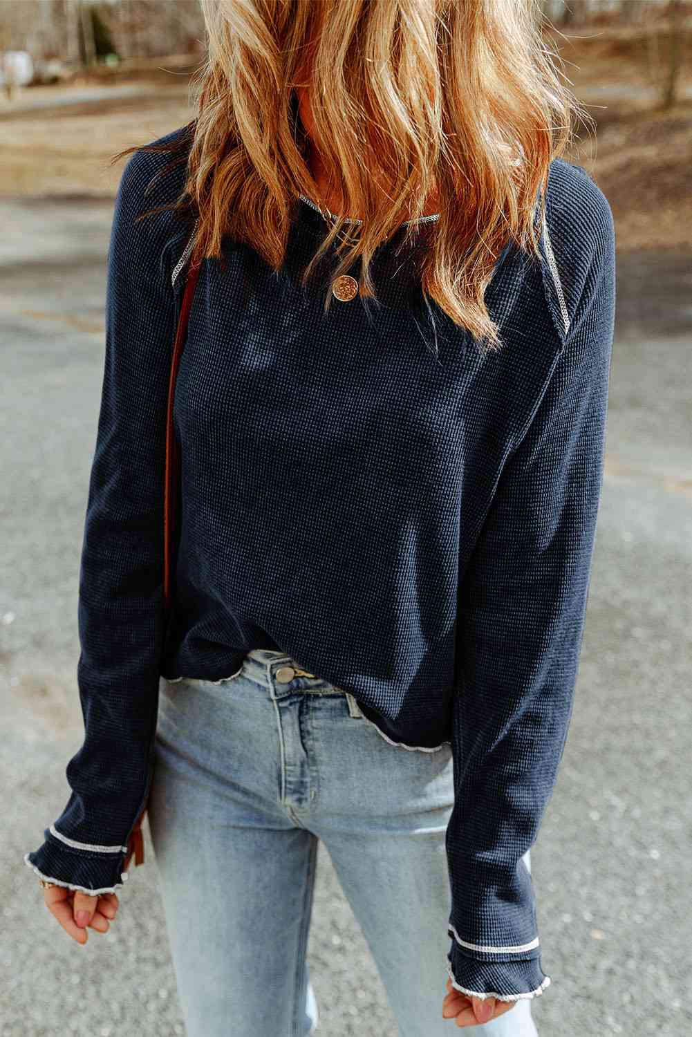 Stitched Accent Seam Long Raglan Sleeve Top