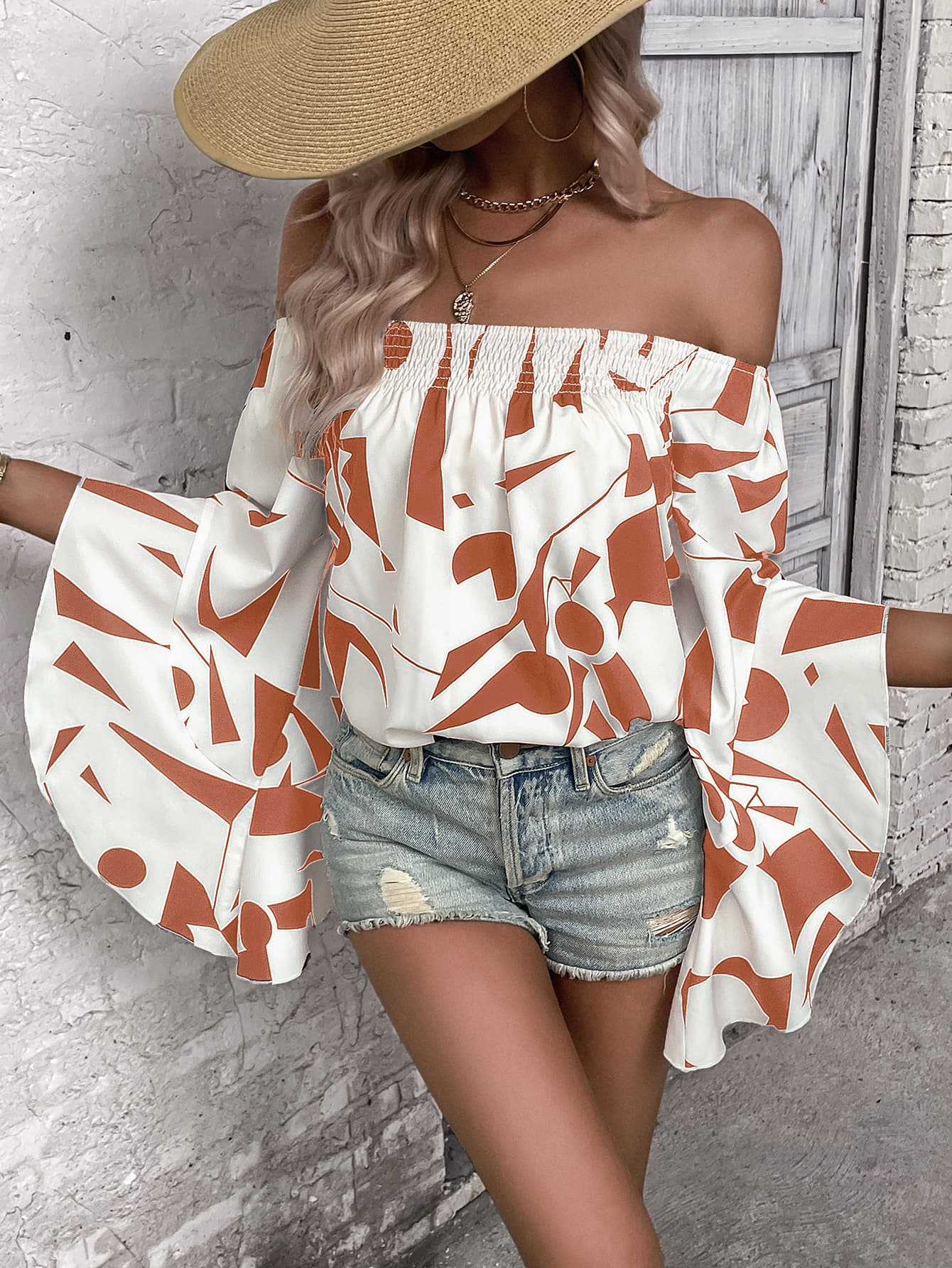 Off-Shoulder Bell Sleeve Print Blouse