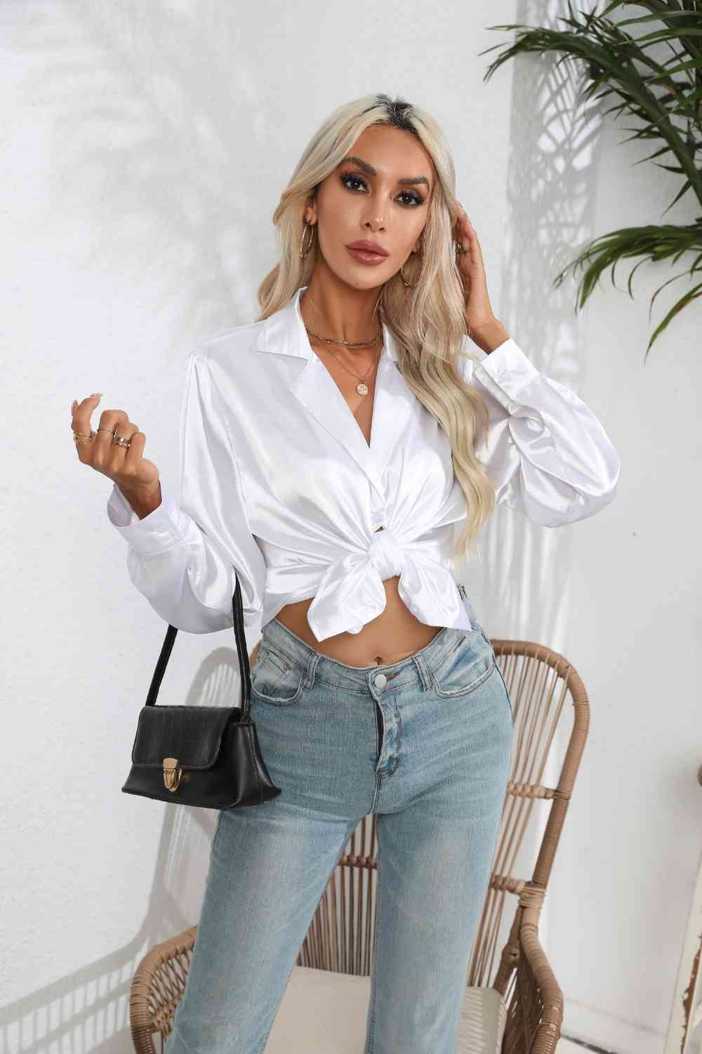 Lapel Collar Satin Sleeve Shirt