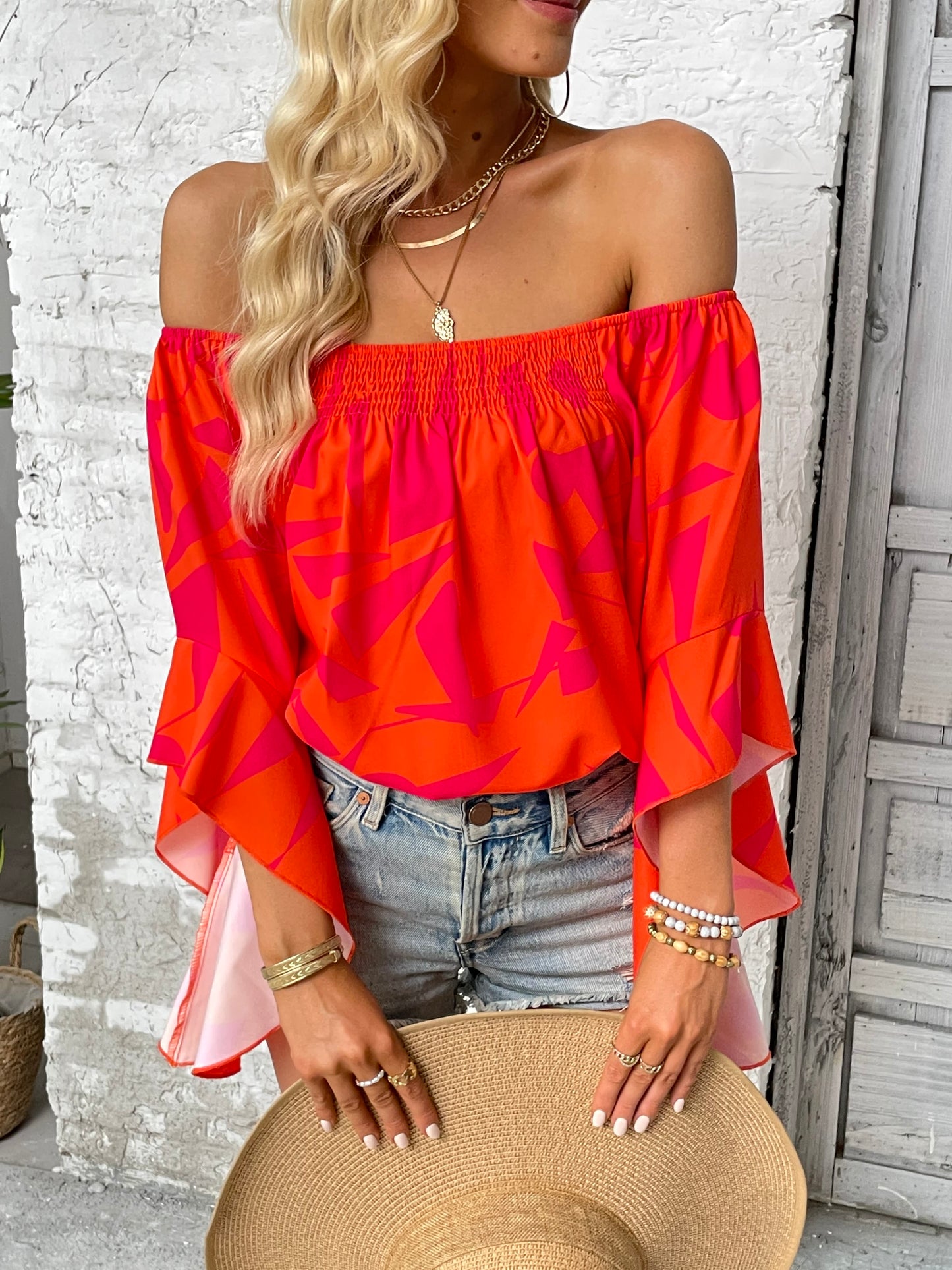 Off-Shoulder Bell Sleeve Print Blouse