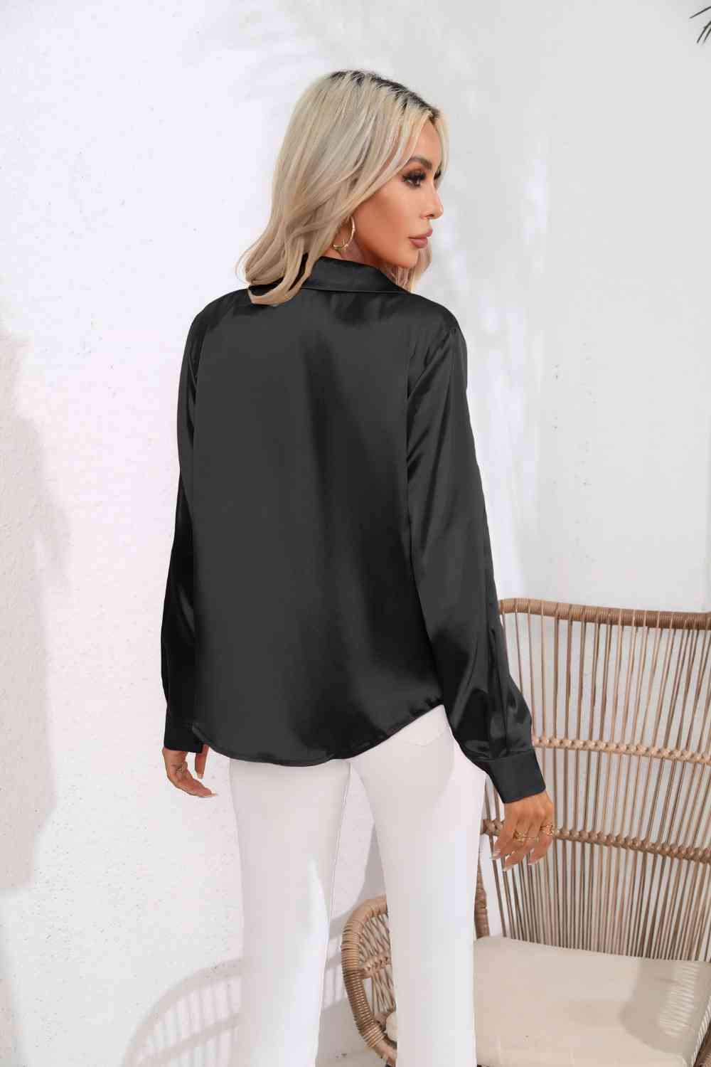Lapel Collar Satin Sleeve Shirt