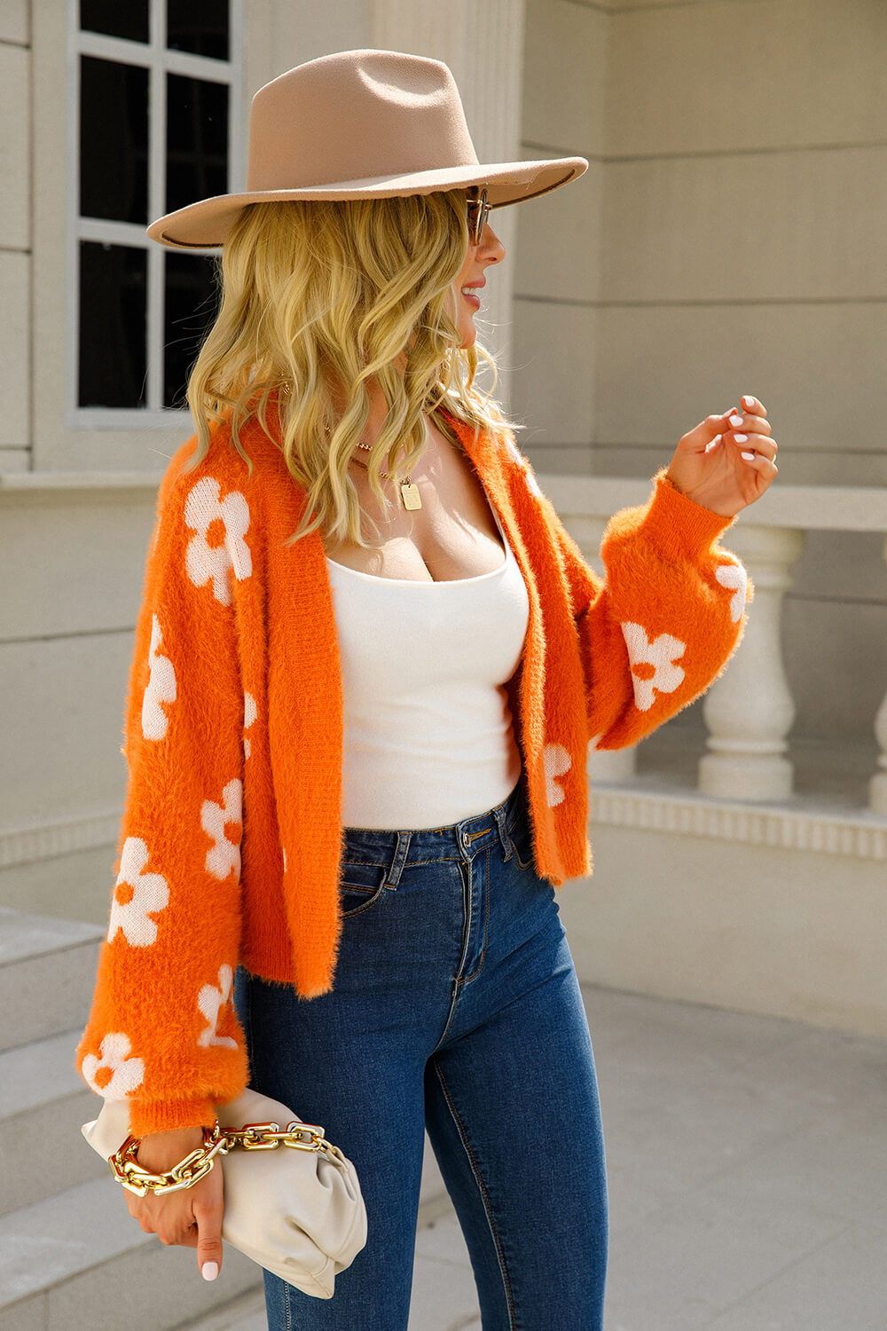 Open Front Retro Floral Cardigan