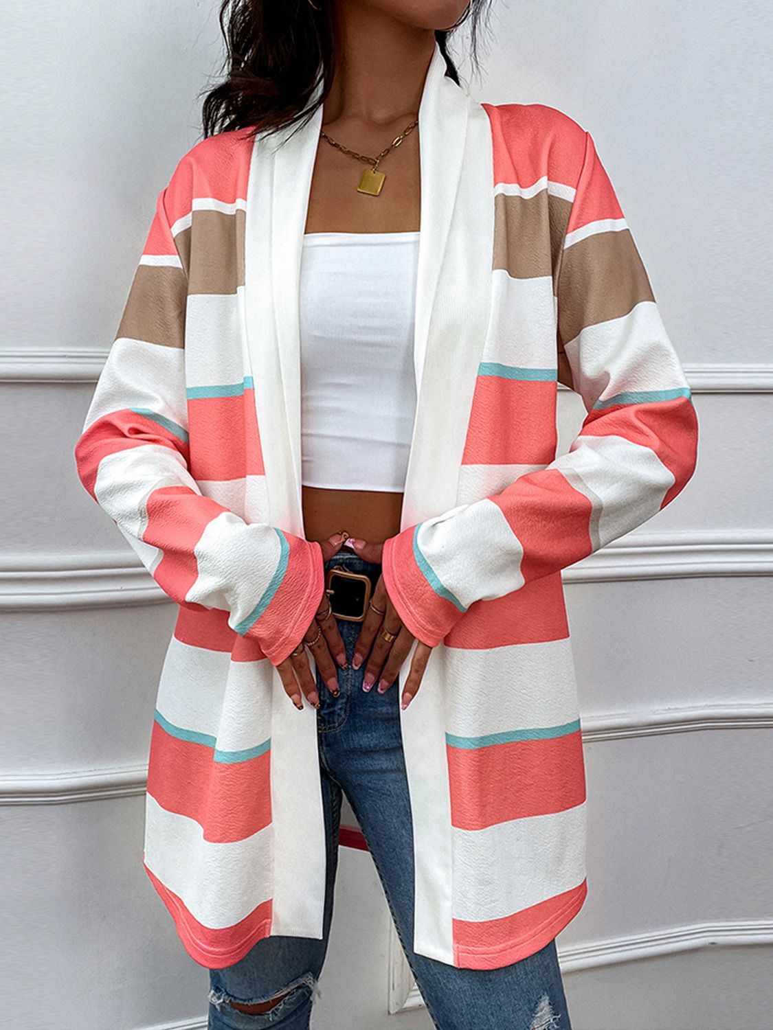 Coral Striped Open Front Cardigan