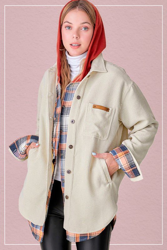 Plaid Accent Corduroy Jacket - Quelle's BoutiQue