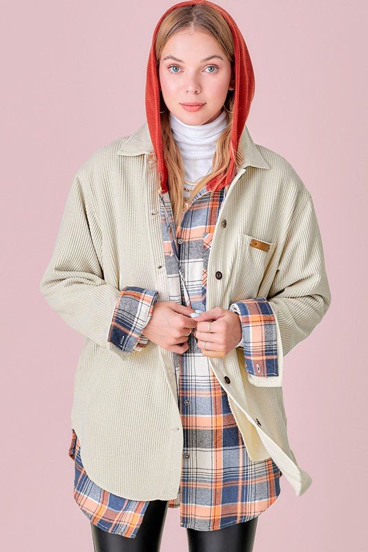 Plaid Accent Corduroy Jacket - Quelle's BoutiQue
