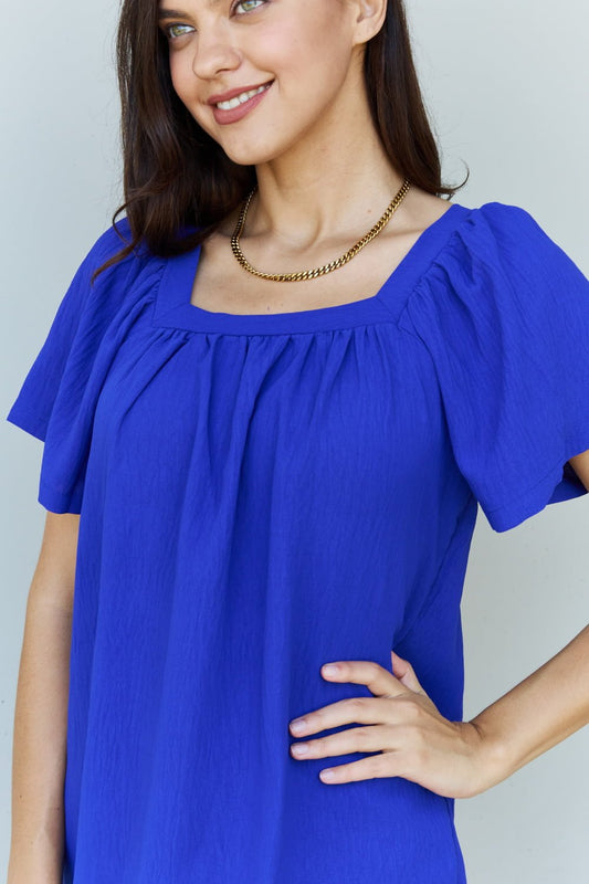 Blue Square Neck Short Sleeve Blouse - Quelle's BoutiQue