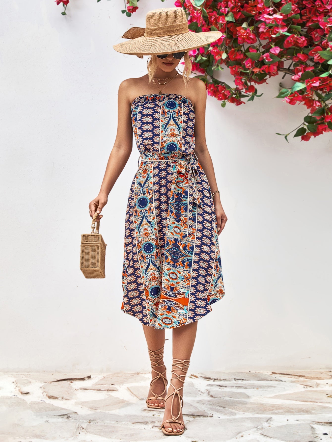 Boho Printed Strapless Tie Belt Dress - Quelle's BoutiQue