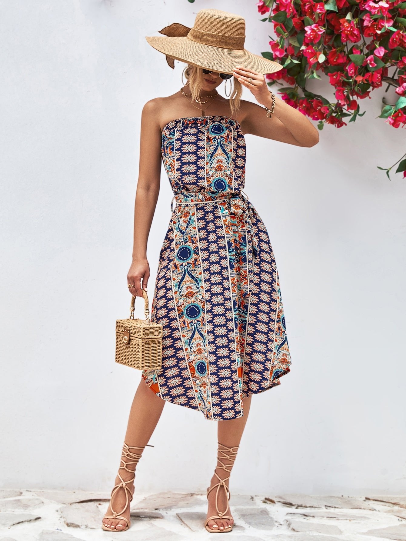 Boho Printed Strapless Tie Belt Dress - Quelle's BoutiQue