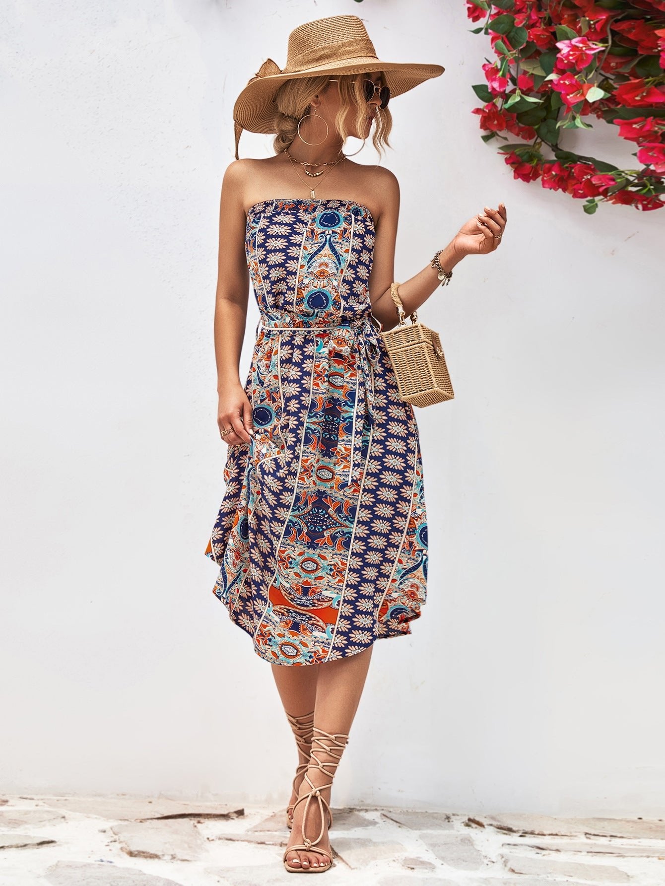 Boho Printed Strapless Tie Belt Dress - Quelle's BoutiQue