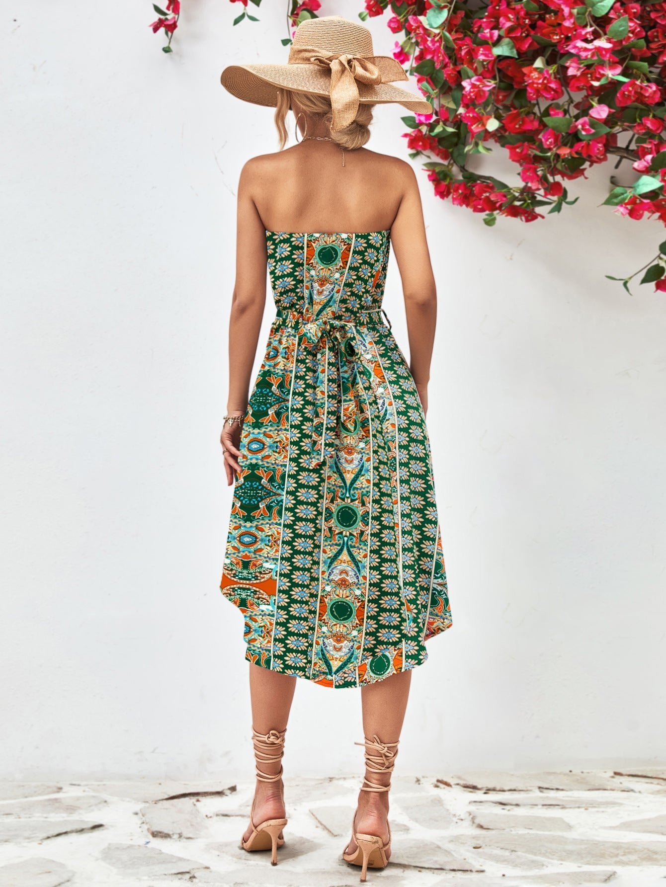 Boho Printed Strapless Tie Belt Dress - Quelle's BoutiQue