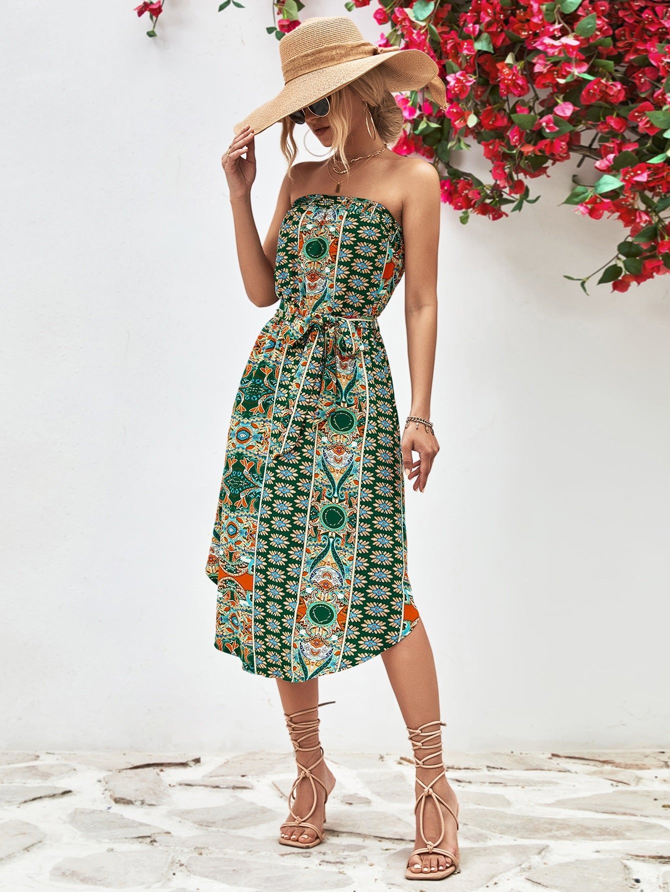 Boho Printed Strapless Tie Belt Dress - Quelle's BoutiQue