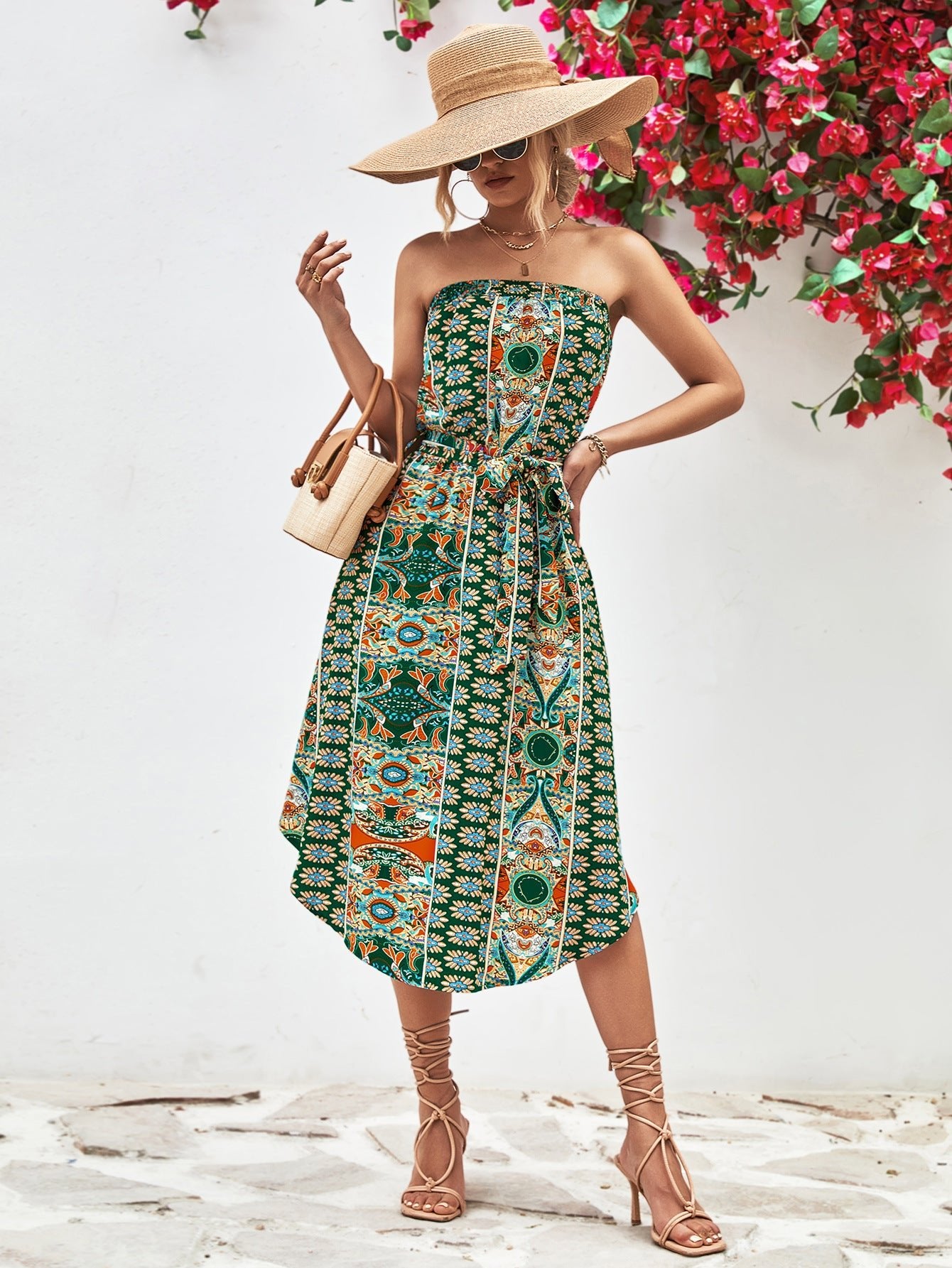 Boho Printed Strapless Tie Belt Dress - Quelle's BoutiQue