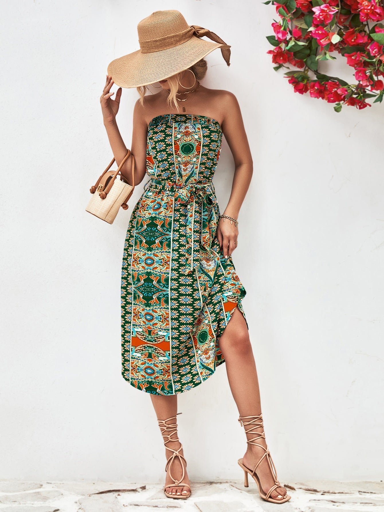 Boho Printed Strapless Tie Belt Dress - Quelle's BoutiQue
