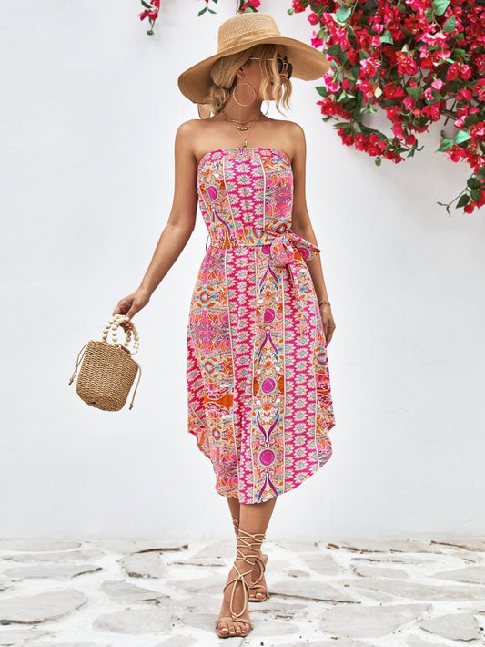 Boho Printed Strapless Tie Belt Dress - Quelle's BoutiQue