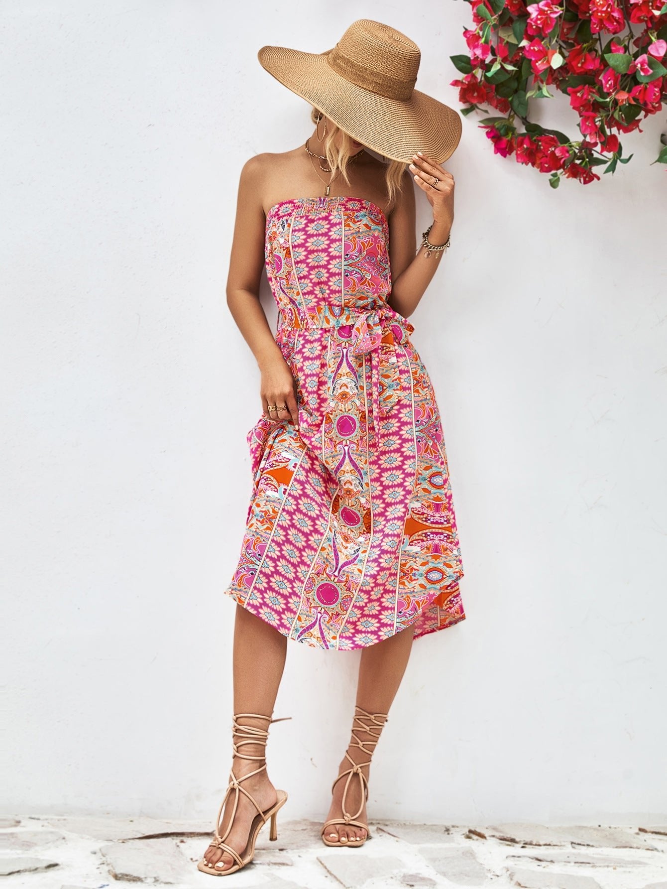 Boho Printed Strapless Tie Belt Dress - Quelle's BoutiQue