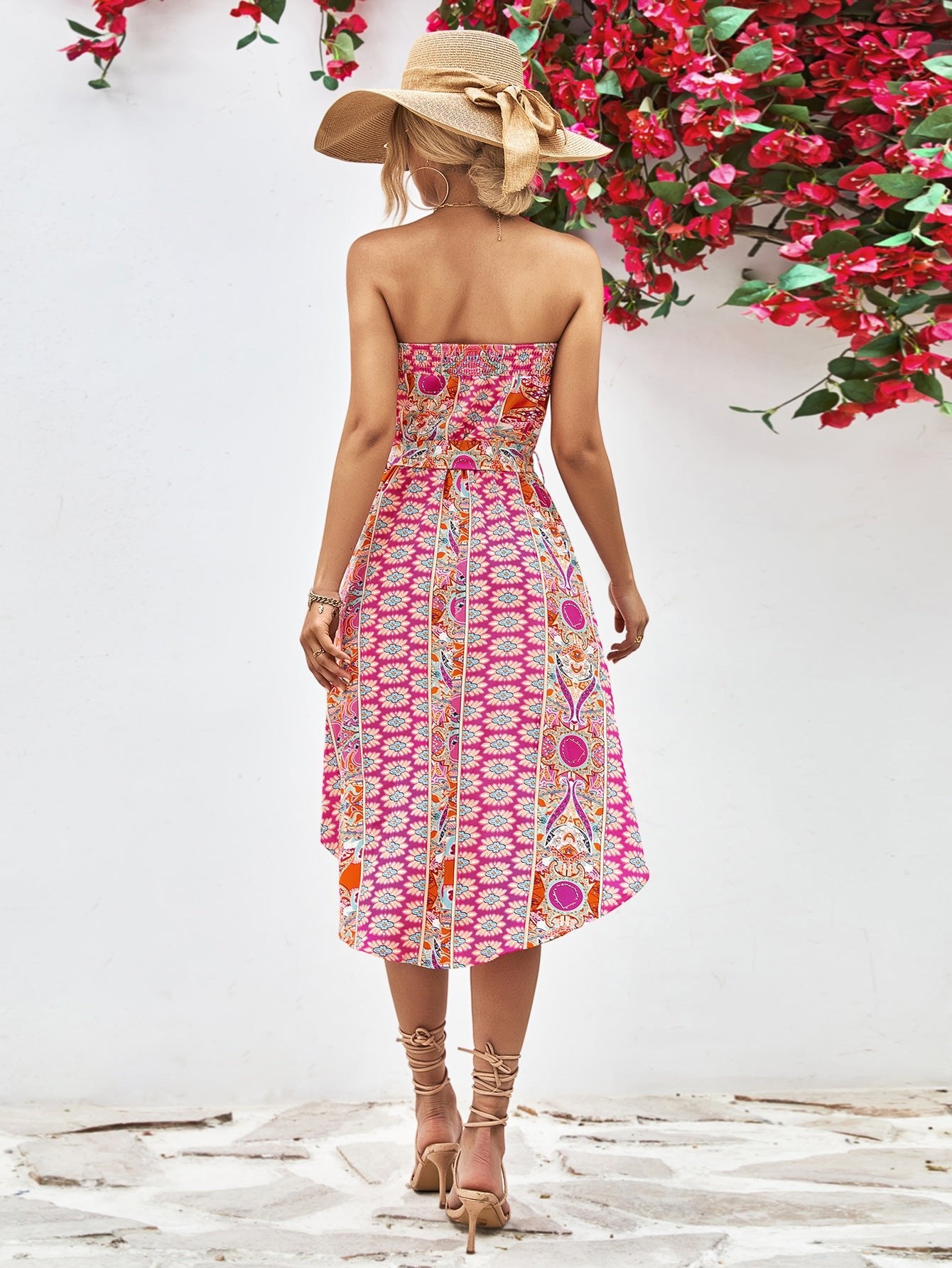Boho Printed Strapless Tie Belt Dress - Quelle's BoutiQue