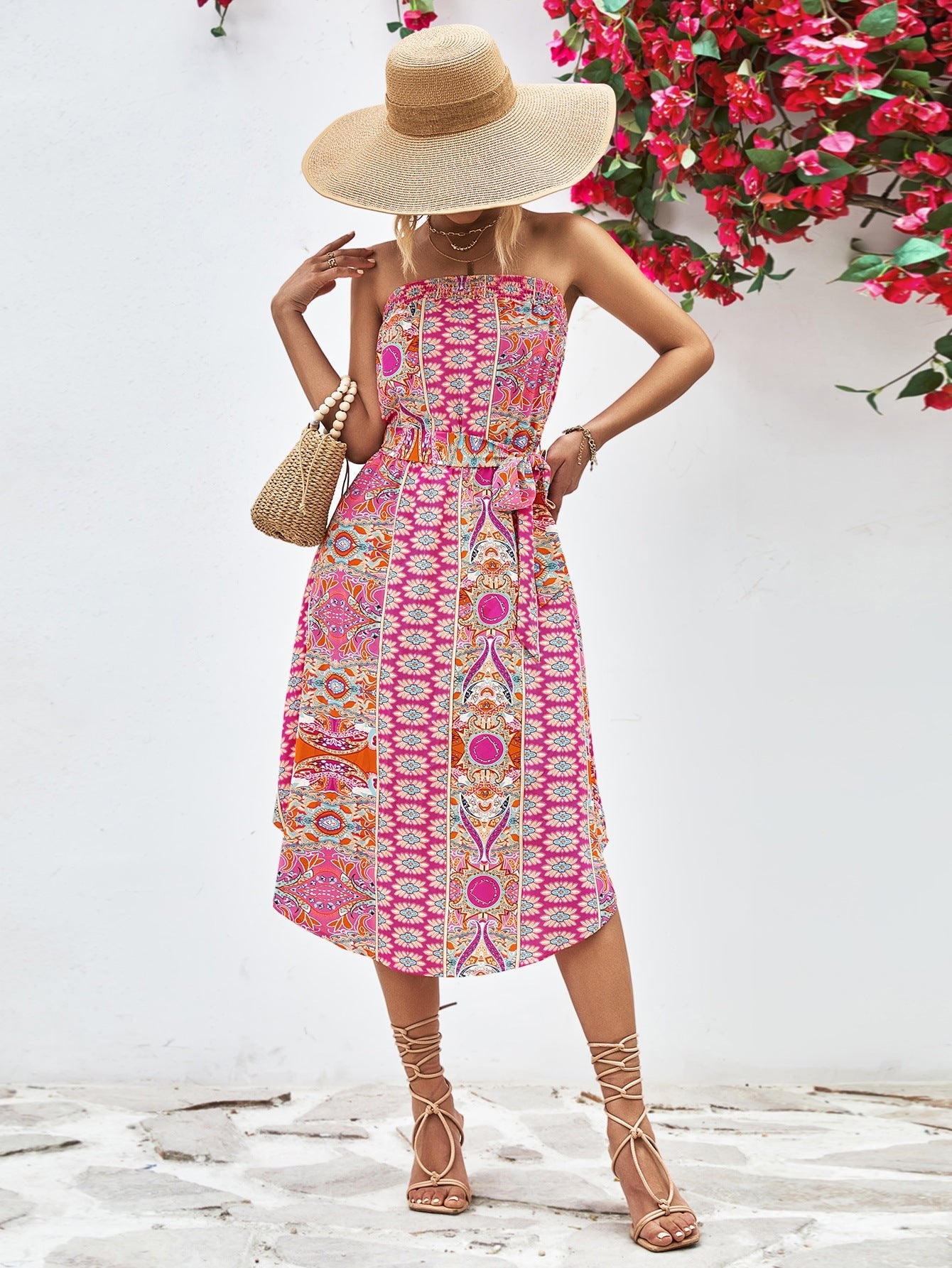 Boho Printed Strapless Tie Belt Dress - Quelle's BoutiQue