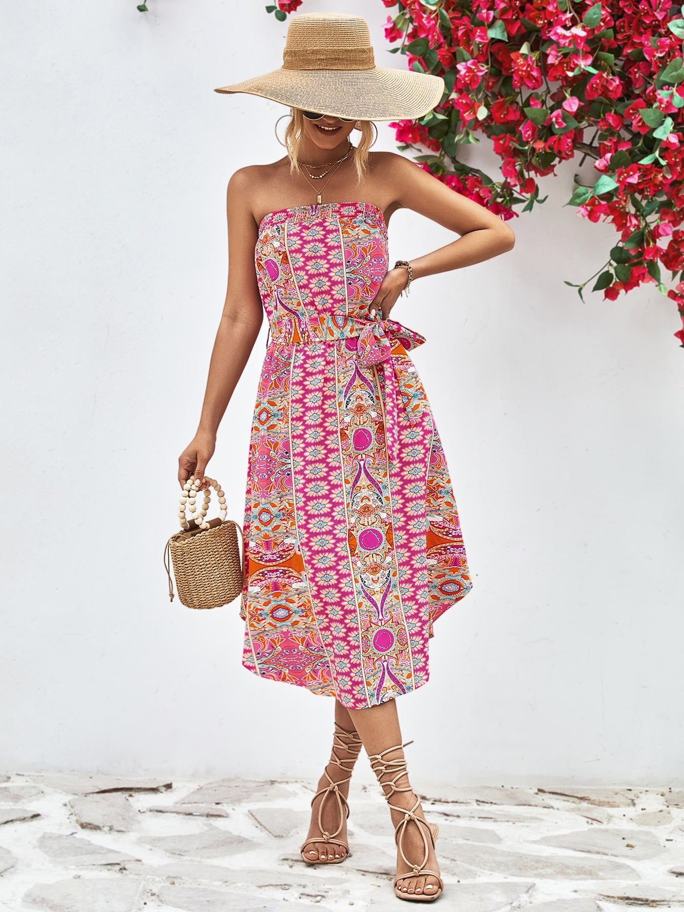 Boho Printed Strapless Tie Belt Dress - Quelle's BoutiQue