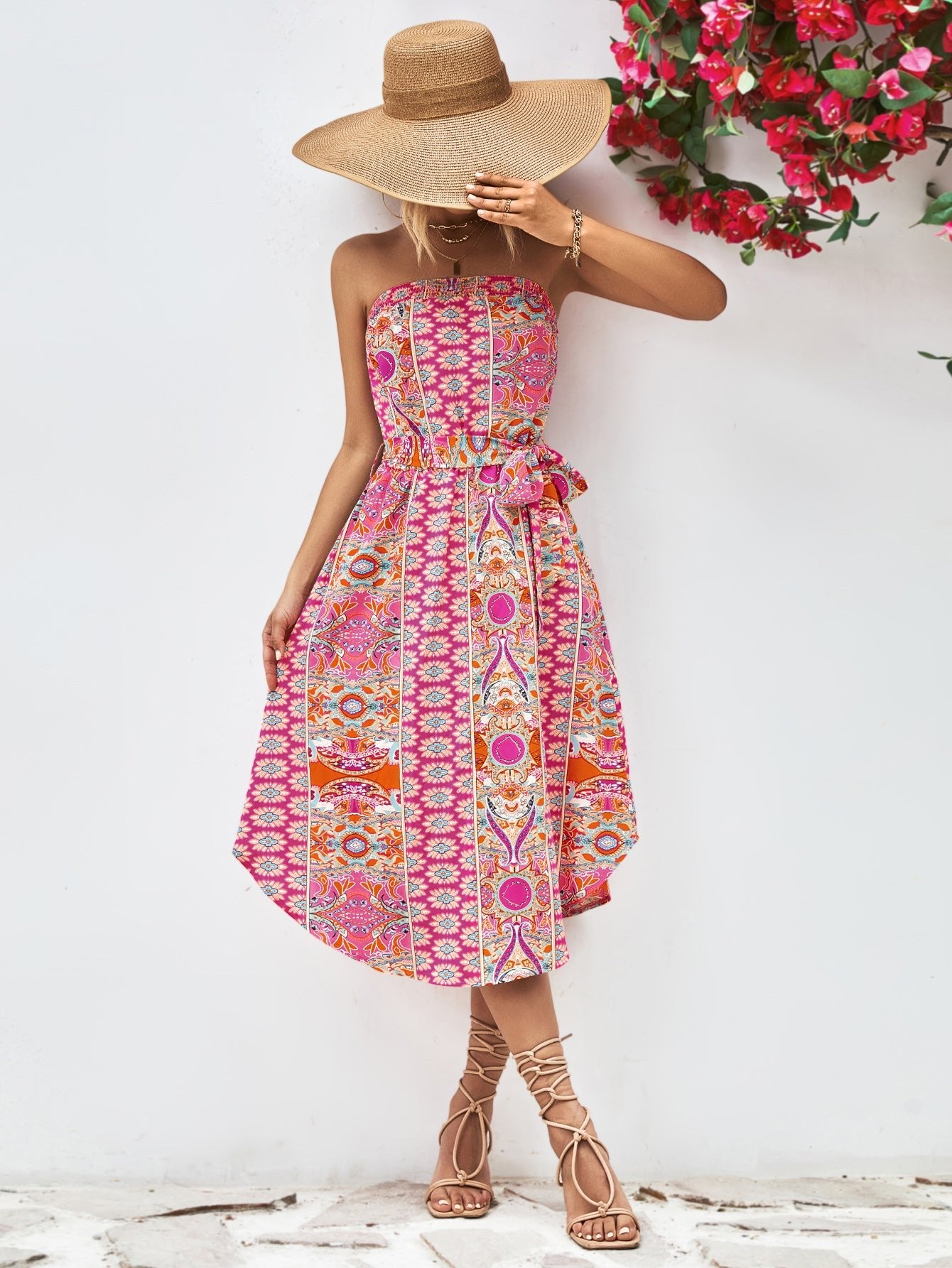 Boho Printed Strapless Tie Belt Dress - Quelle's BoutiQue