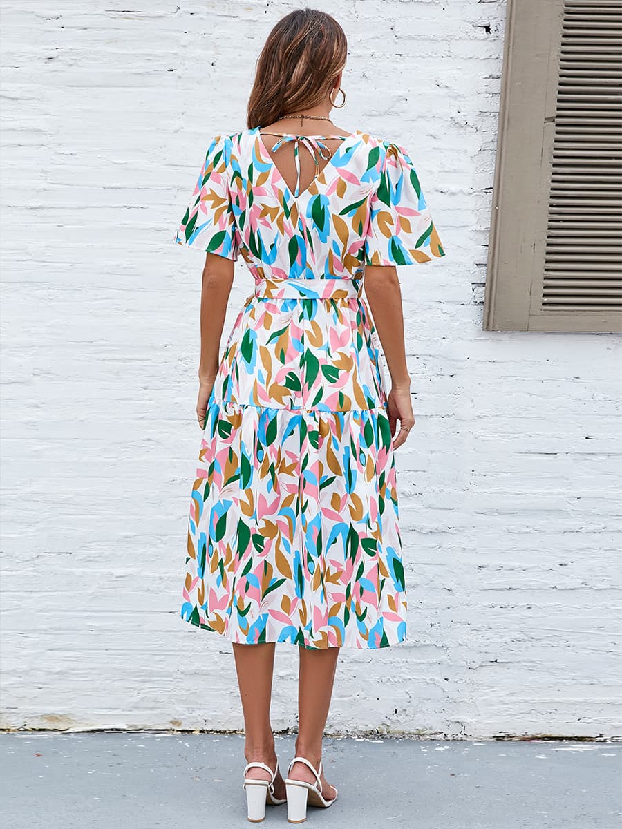 Bold Floral V-Neck Tie Waist Dress - Quelle's BoutiQue