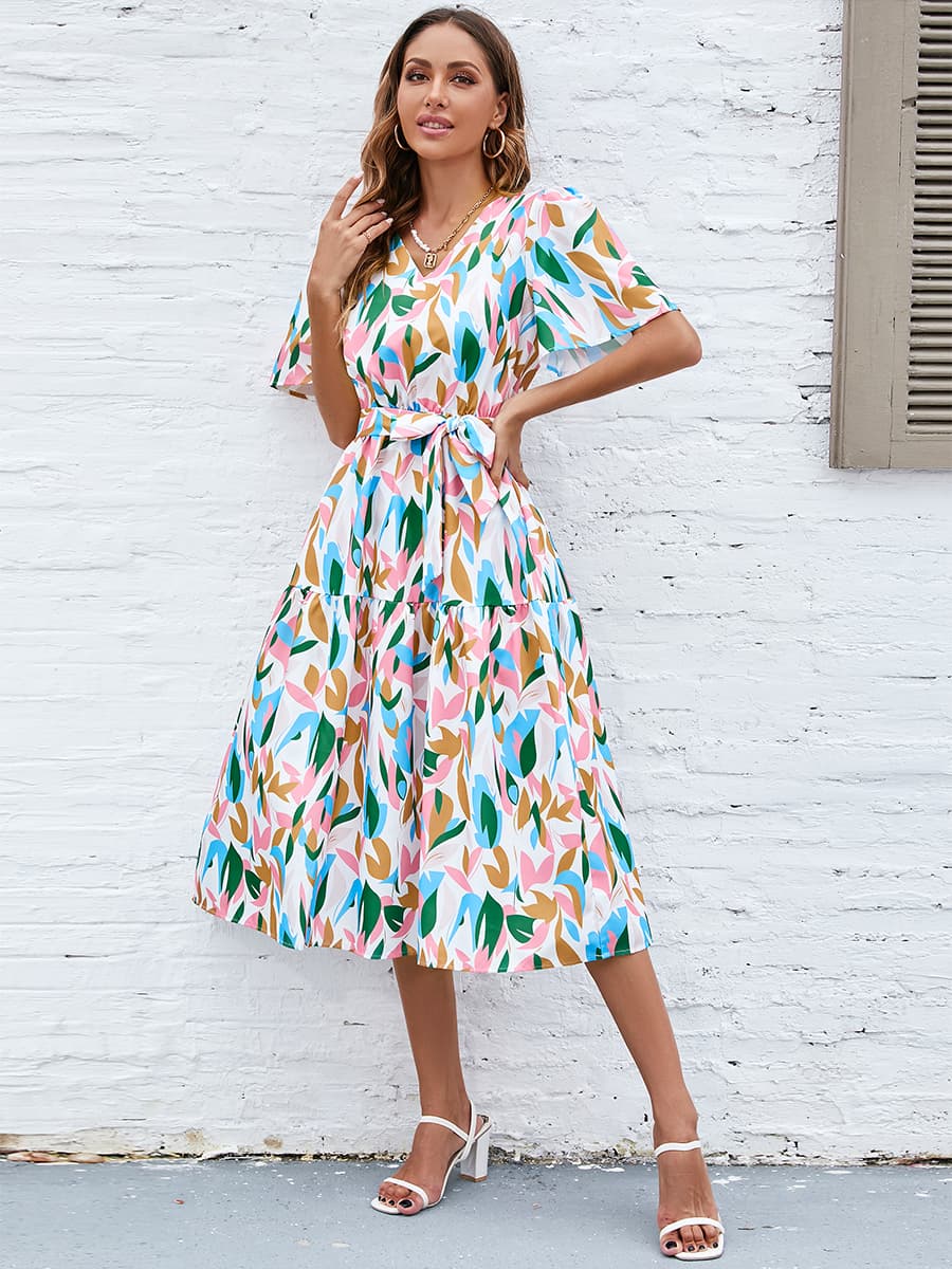 Bold Floral V-Neck Tie Waist Dress - Quelle's BoutiQue