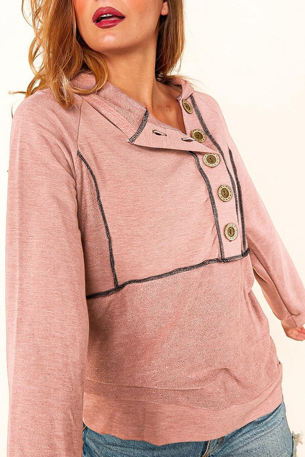 Buttoned Accent Long Sleeve Top - Quelle's BoutiQue