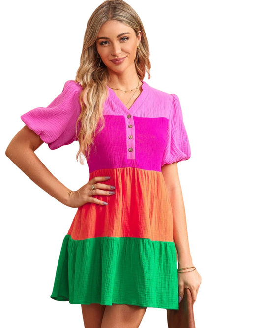 Color Contrast Buttoned Front Mini Dress - Quelle's BoutiQue