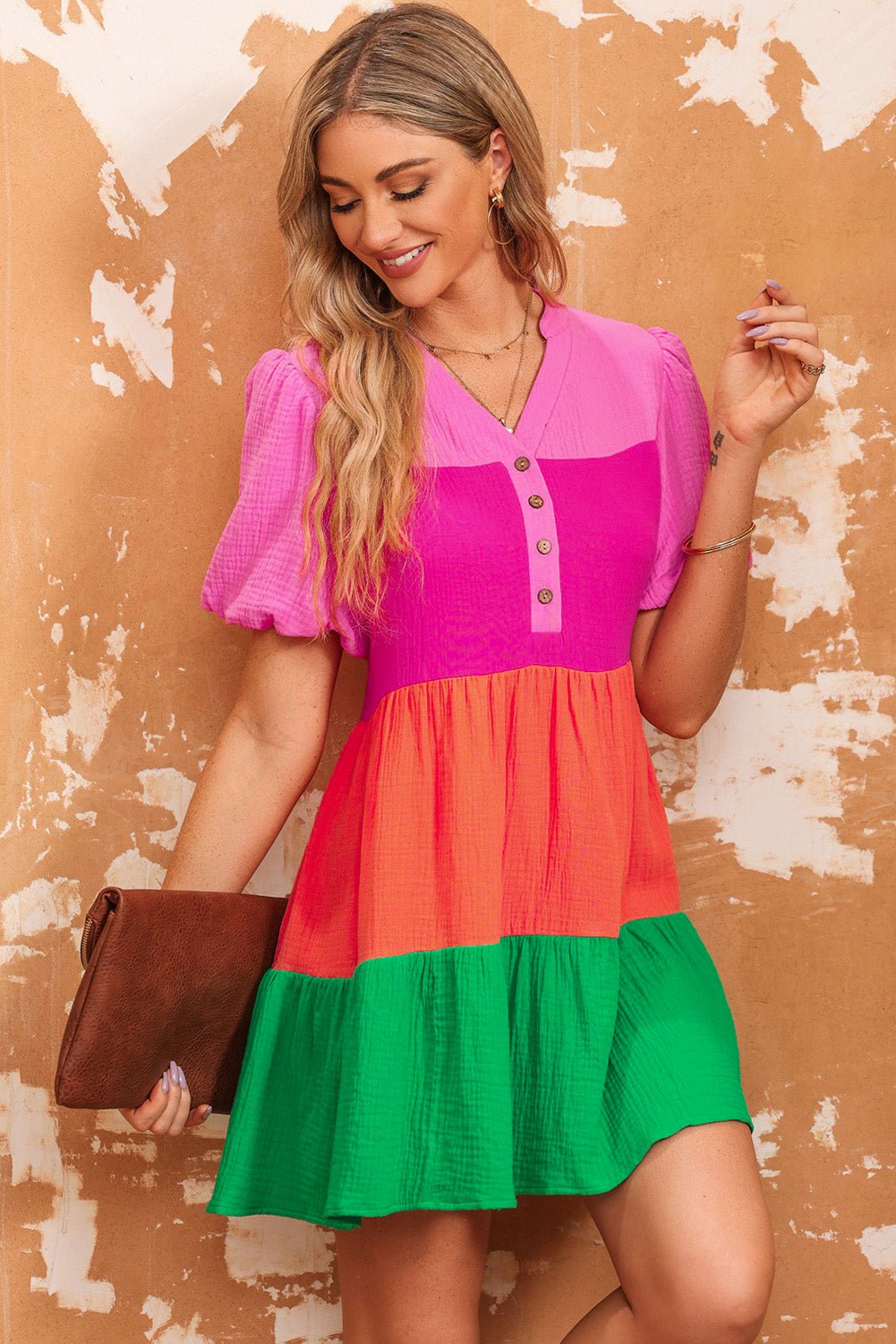 Color Contrast Buttoned Front Mini Dress - Quelle's BoutiQue