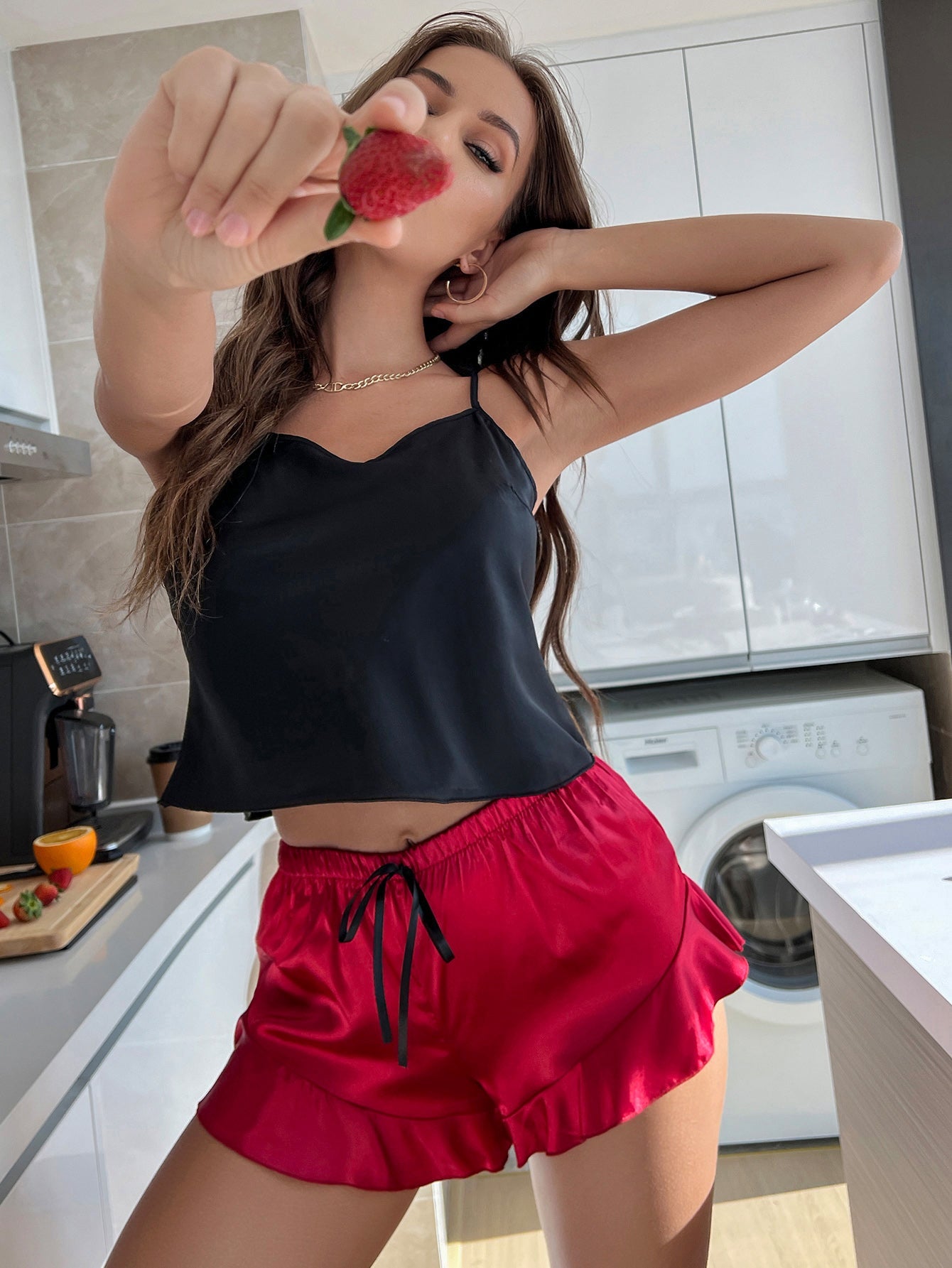 Cropped Cami and Ruffle Hem Satin Pajama Set - Quelle's BoutiQue