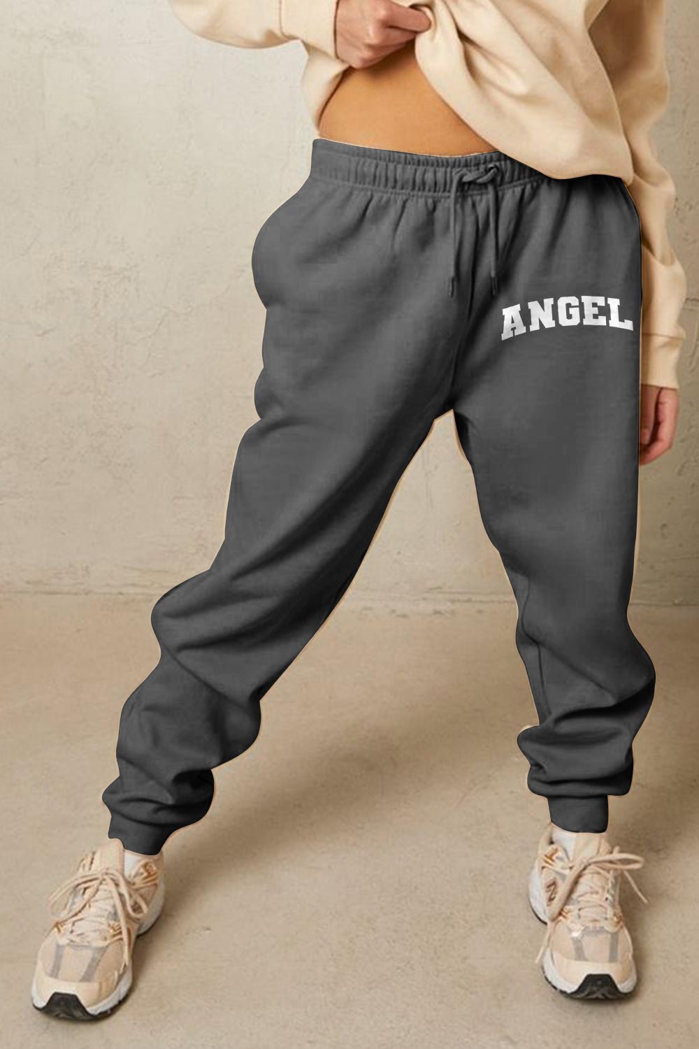 Dark Grey Drawstring Angel Print Sweatpants - Quelle's BoutiQue