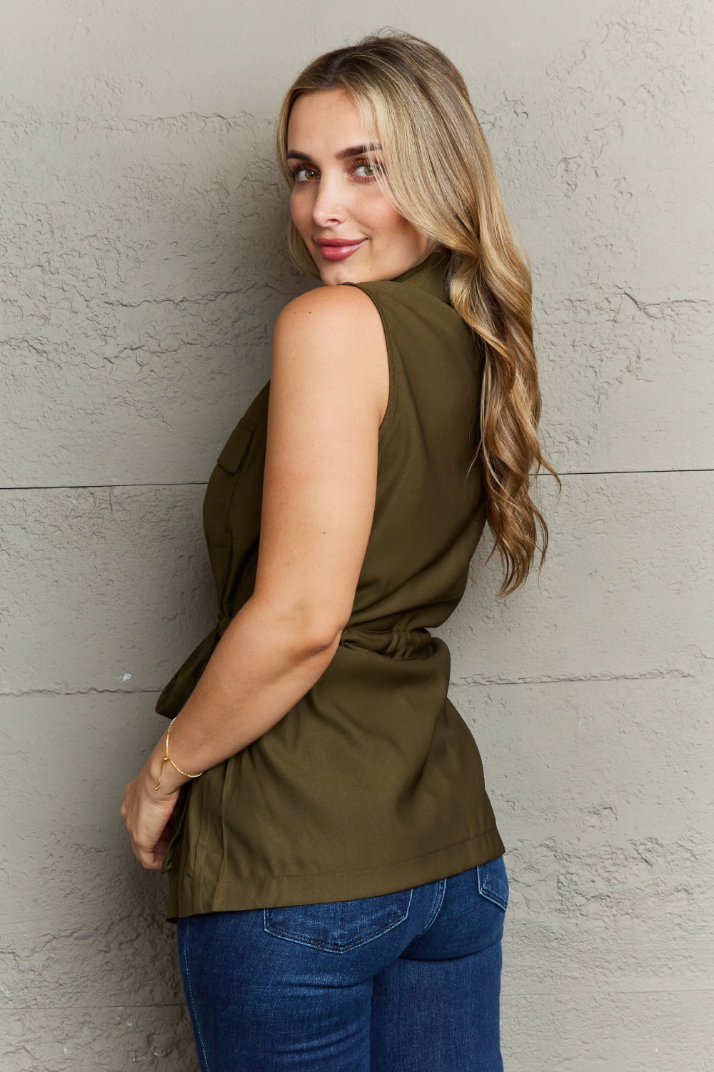 Dark Olive Sleeveless Collared Button Down Top - Quelle's BoutiQue