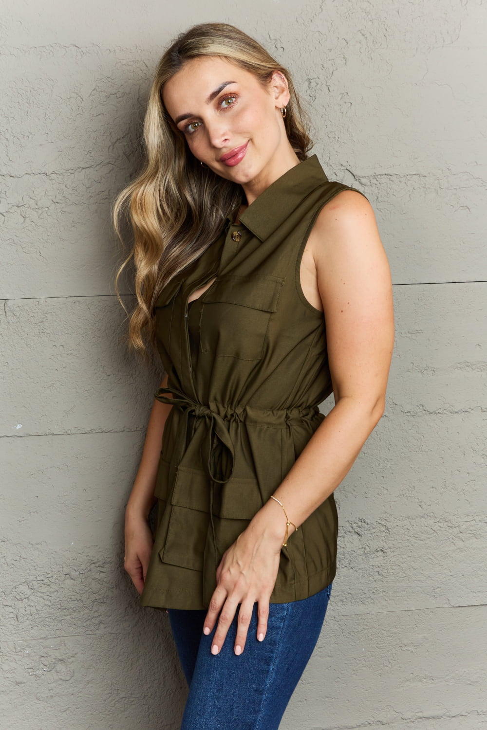 Dark Olive Sleeveless Collared Button Down Top - Quelle's BoutiQue