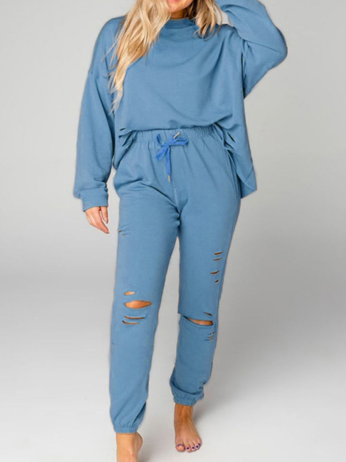 Distressed Sweatshirt and Joggers Set - Quelle's BoutiQue