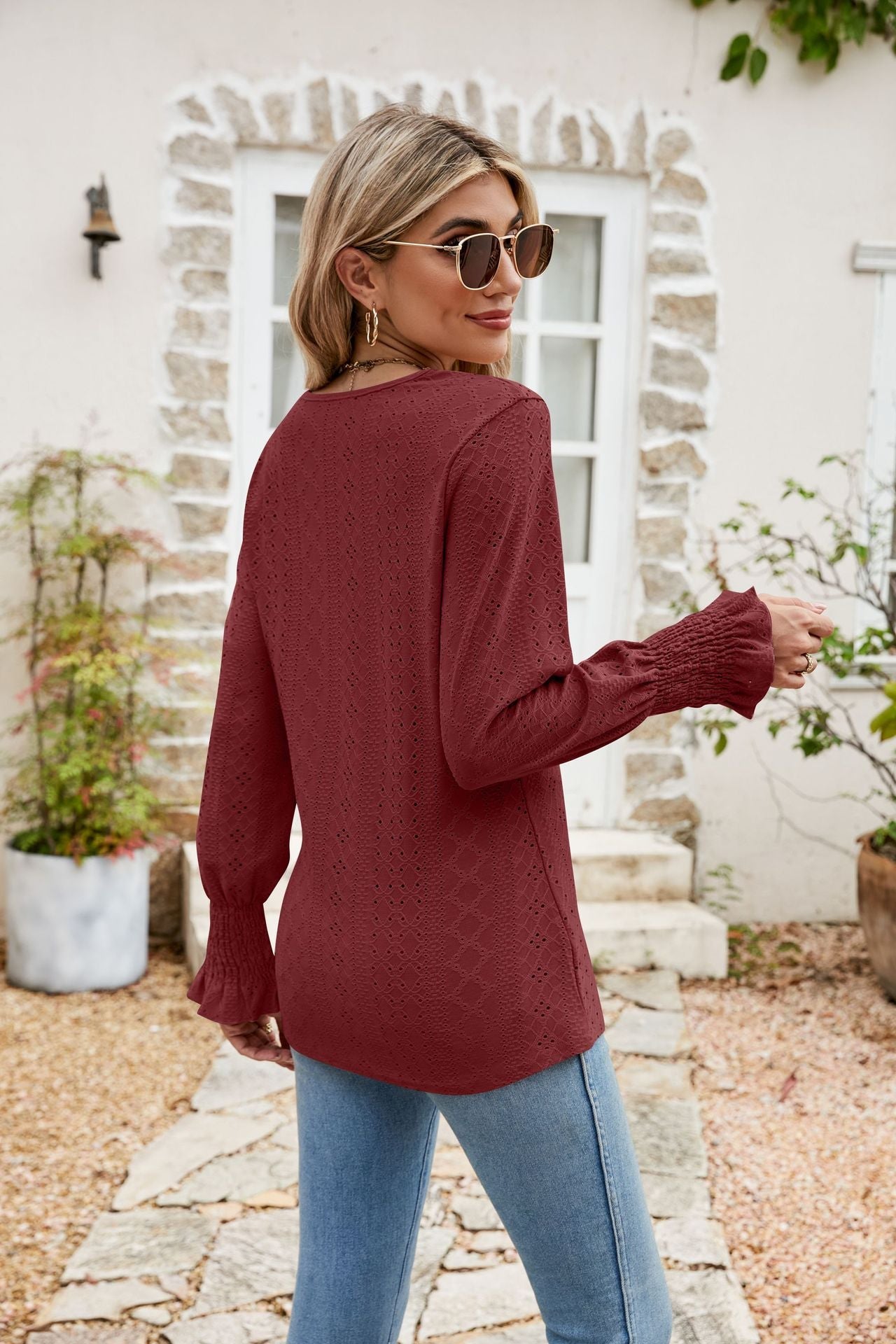 Eyelet V-Neck Smocked Flounce Sleeve Blouse - Quelle's BoutiQue