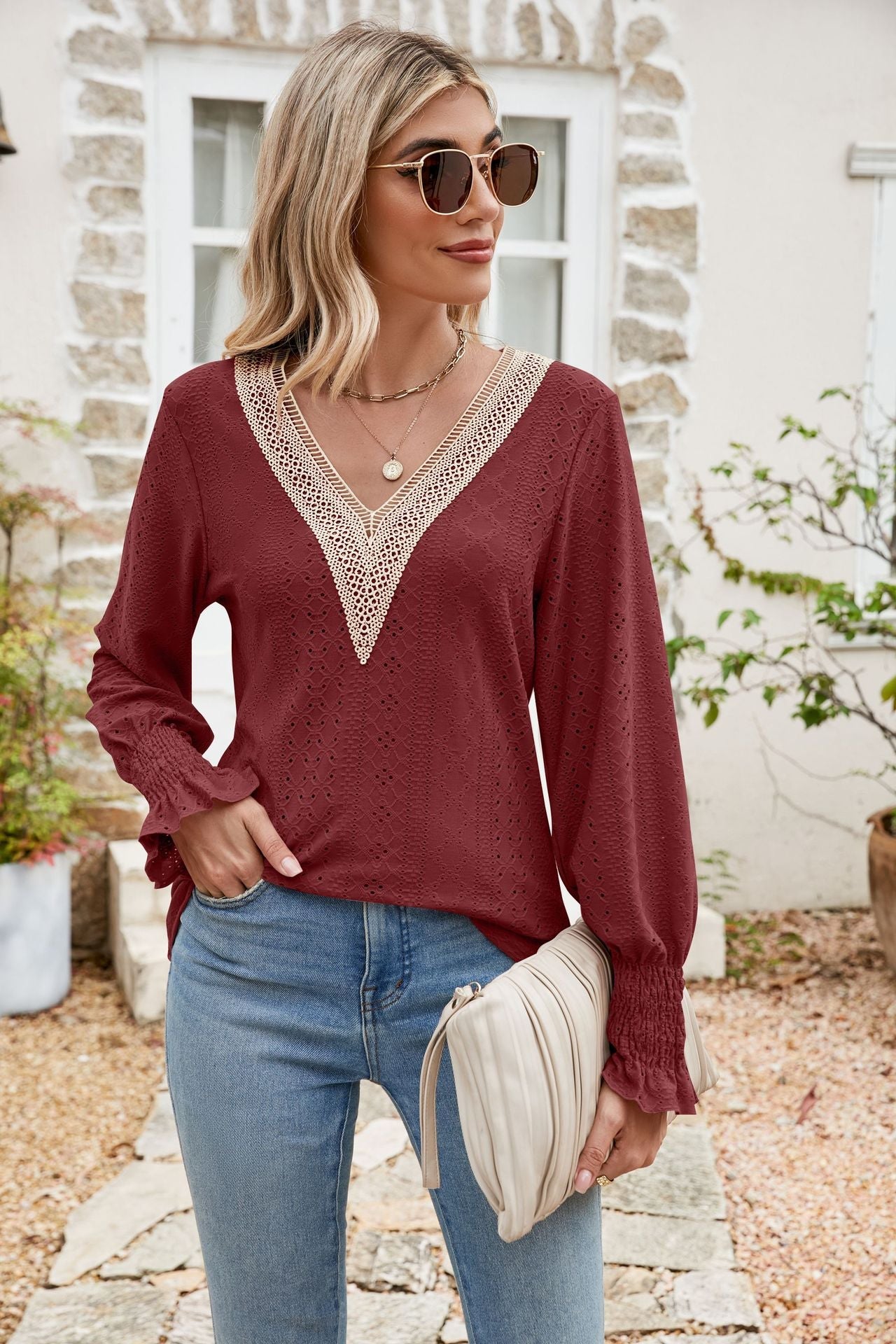Eyelet V-Neck Smocked Flounce Sleeve Blouse - Quelle's BoutiQue