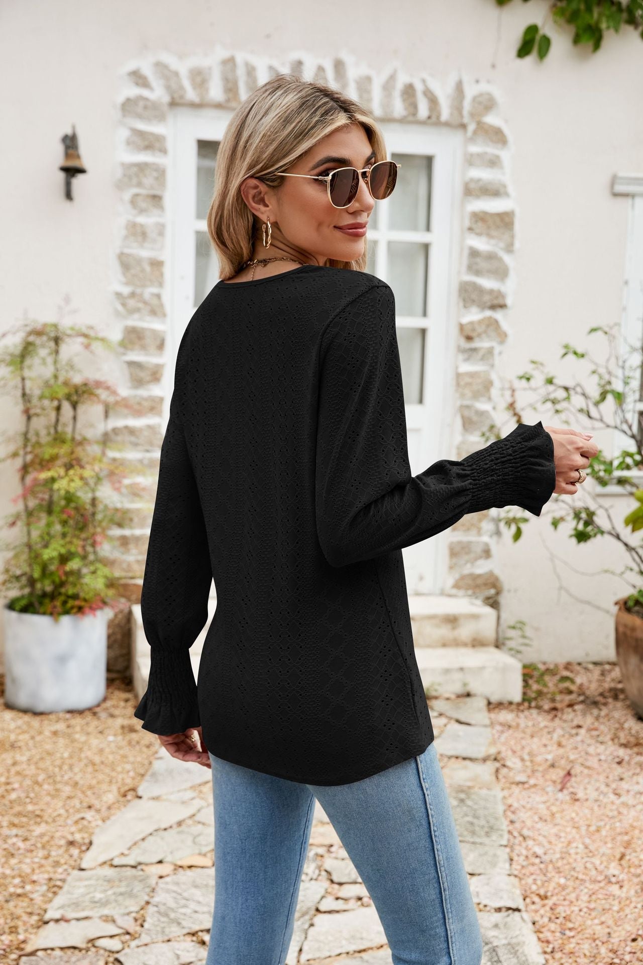Eyelet V-Neck Smocked Flounce Sleeve Blouse - Quelle's BoutiQue