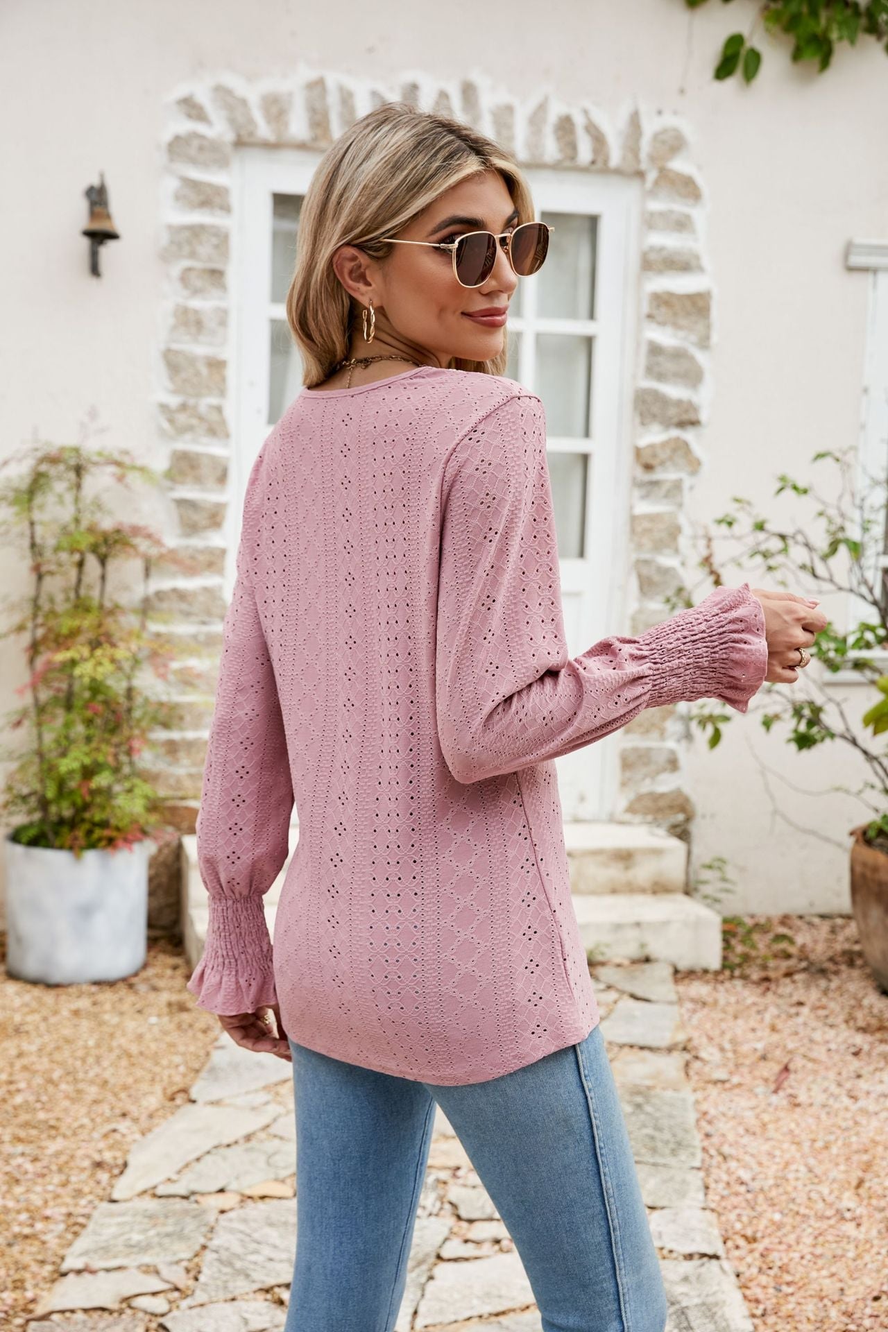Eyelet V-Neck Smocked Flounce Sleeve Blouse - Quelle's BoutiQue
