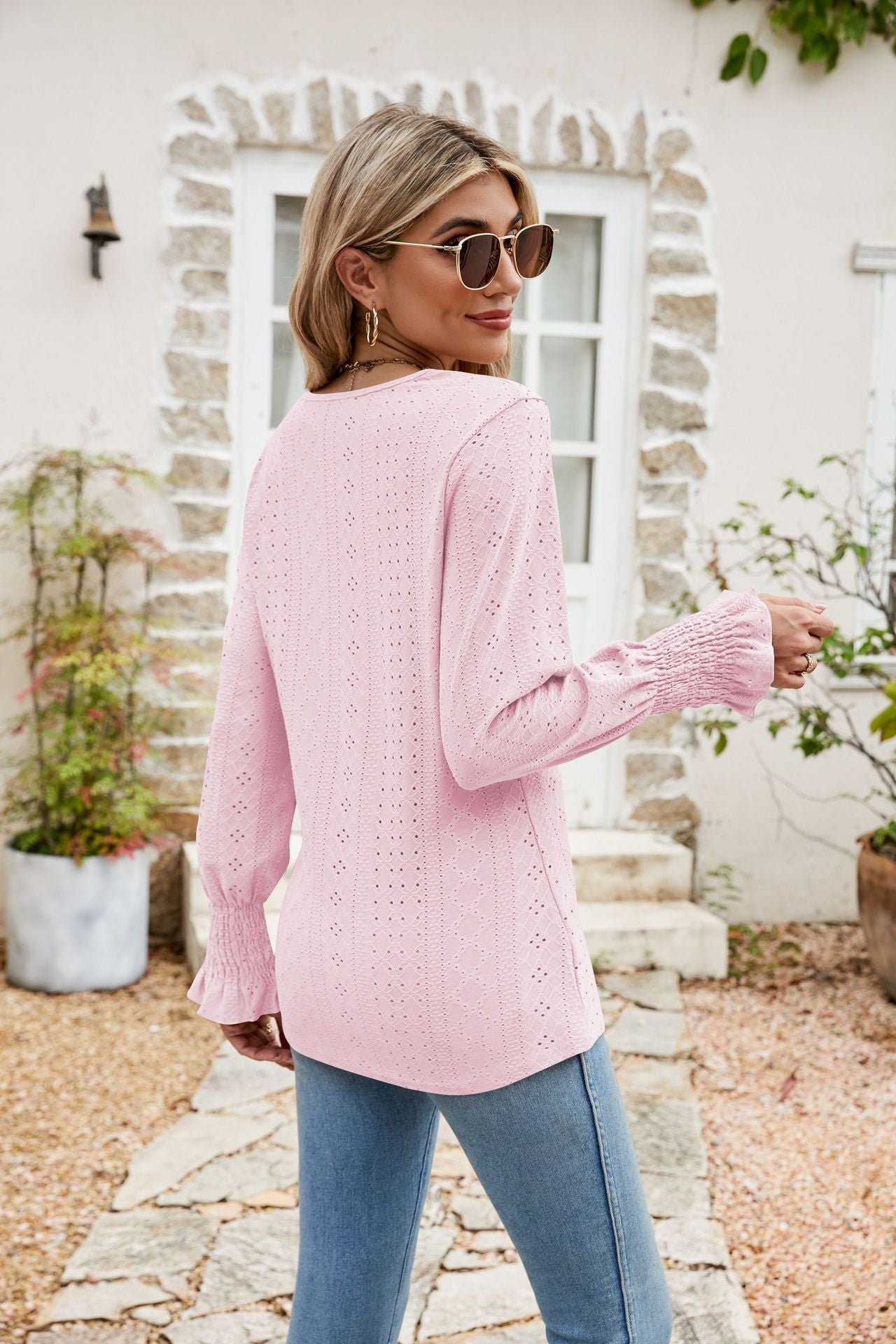 Eyelet V-Neck Smocked Flounce Sleeve Blouse - Quelle's BoutiQue