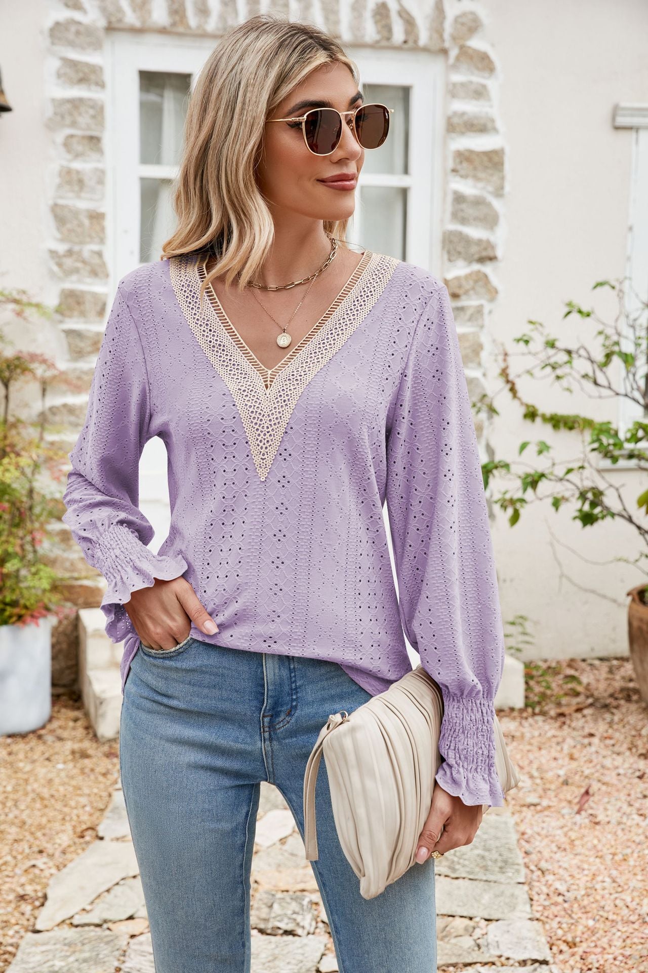 Eyelet V-Neck Smocked Flounce Sleeve Blouse - Quelle's BoutiQue