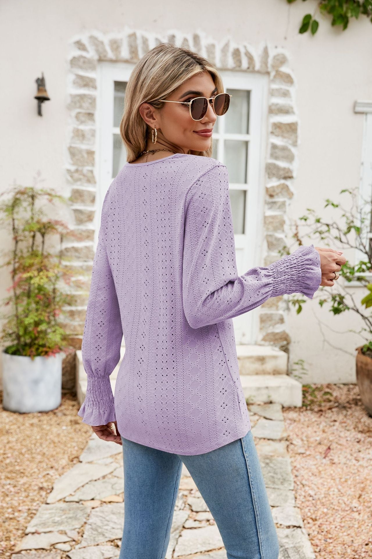 Eyelet V-Neck Smocked Flounce Sleeve Blouse - Quelle's BoutiQue