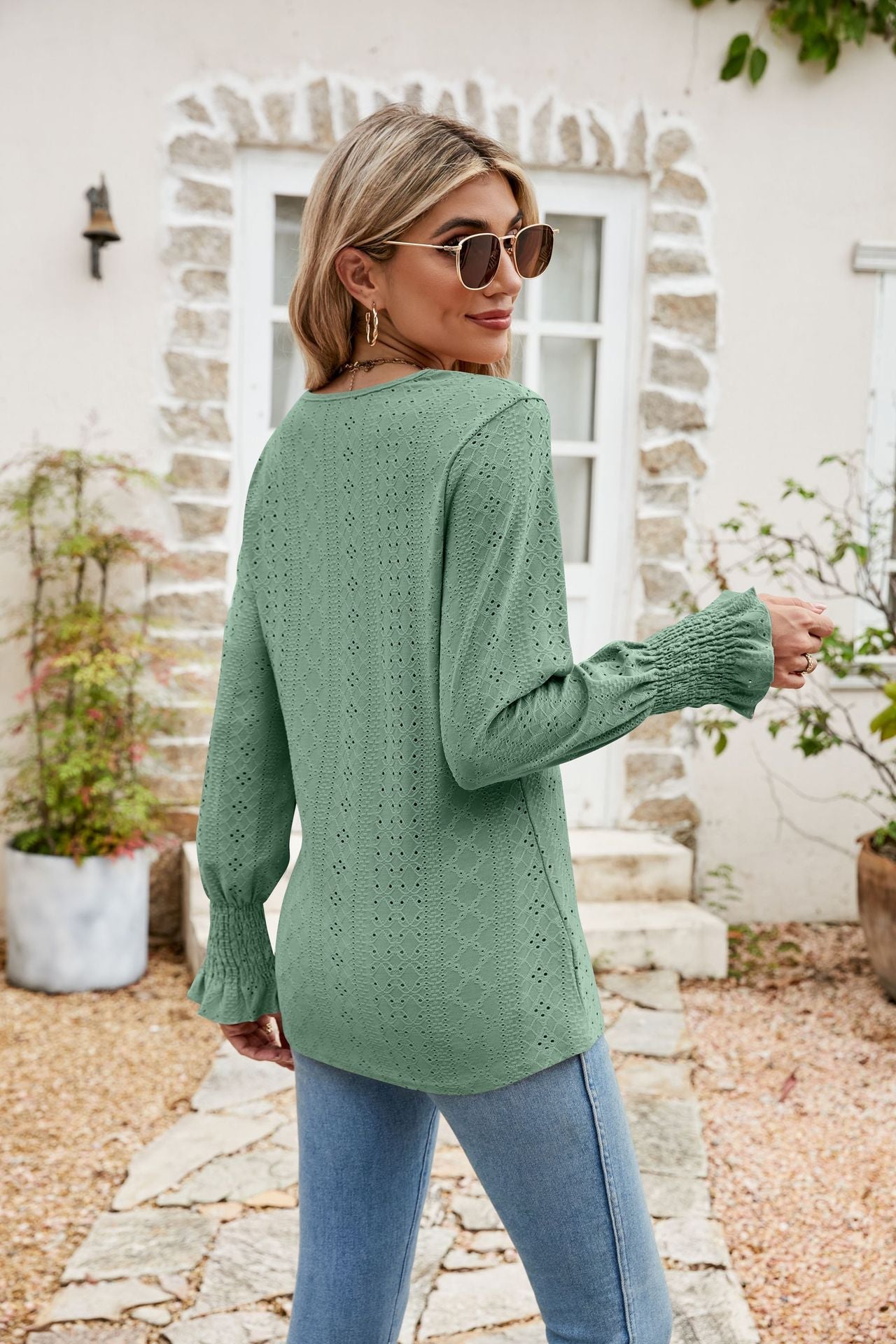 Eyelet V-Neck Smocked Flounce Sleeve Blouse - Quelle's BoutiQue