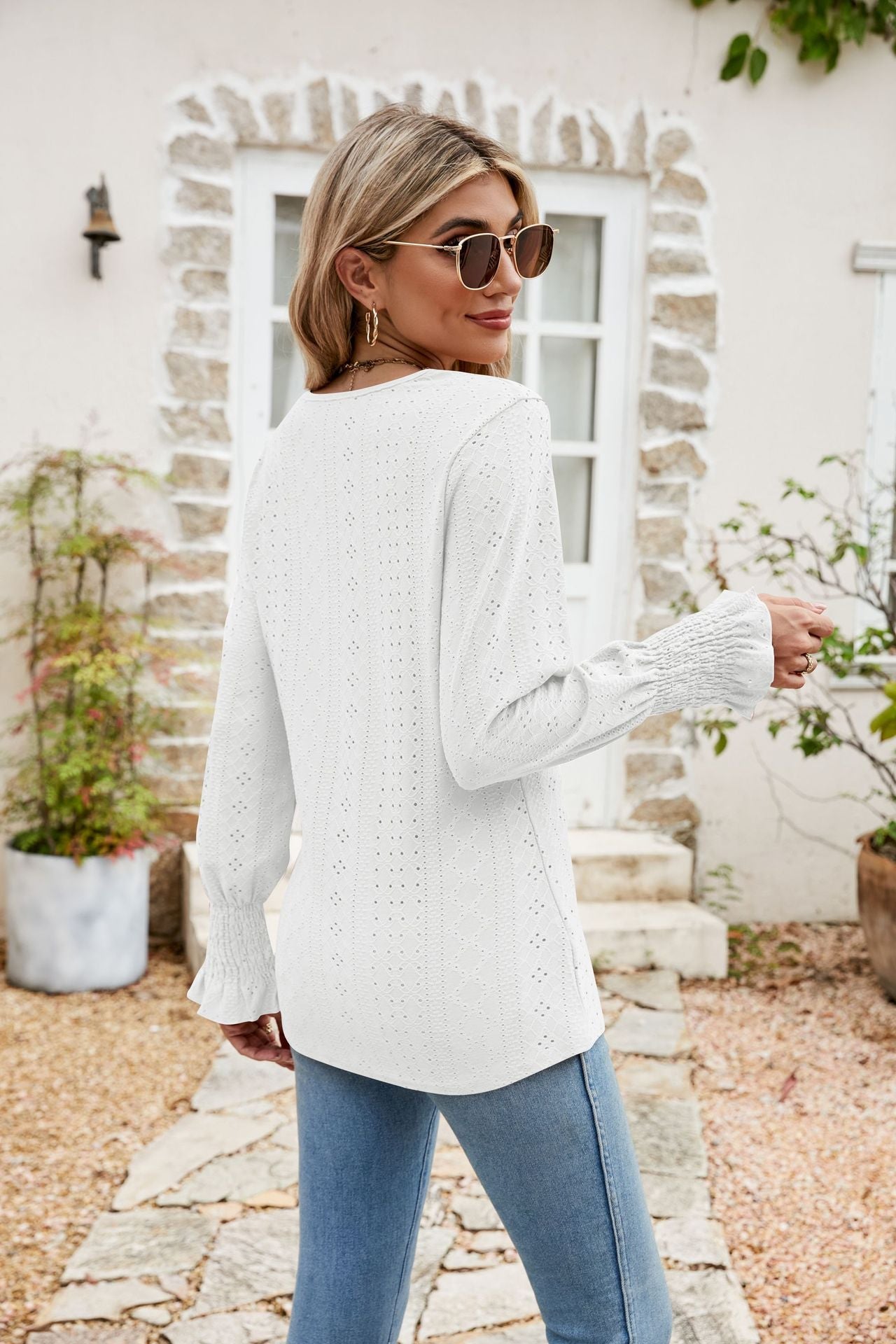 Eyelet V-Neck Smocked Flounce Sleeve Blouse - Quelle's BoutiQue