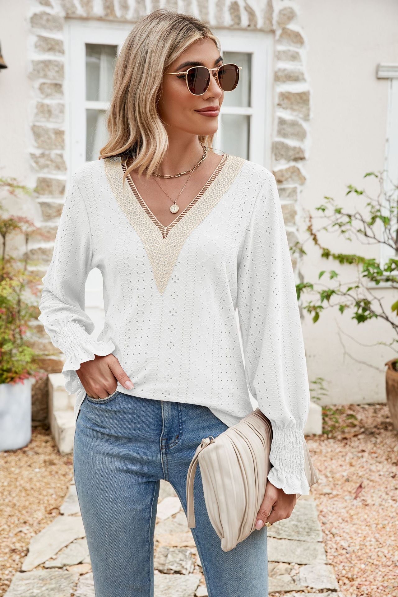 Eyelet V-Neck Smocked Flounce Sleeve Blouse - Quelle's BoutiQue