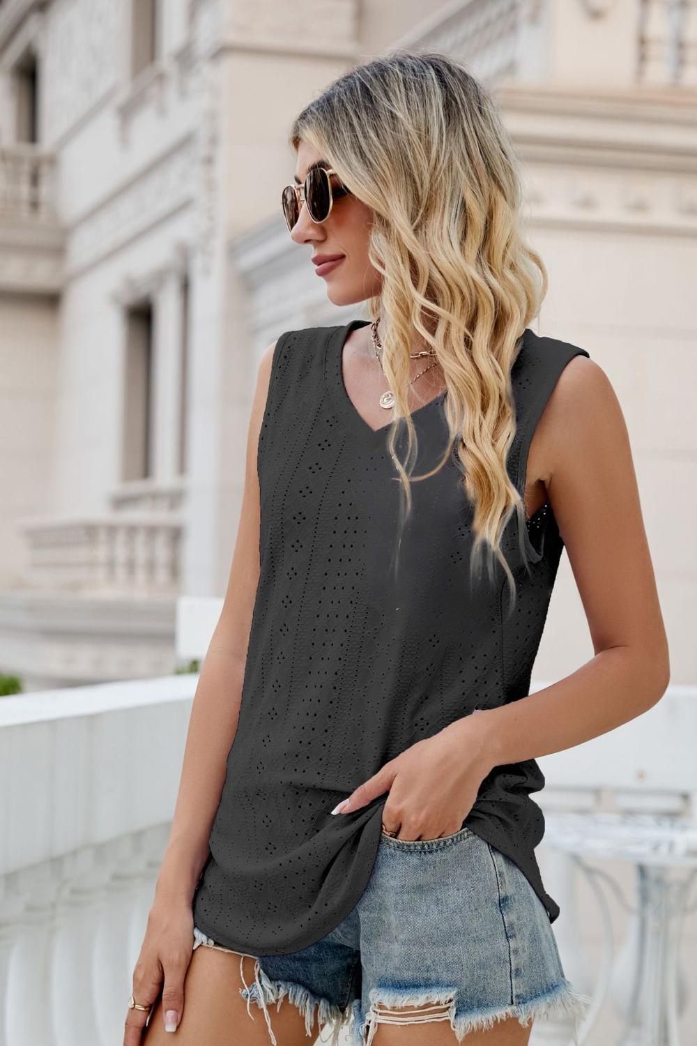 Eyelet V-Neck Tank - Quelle's BoutiQue