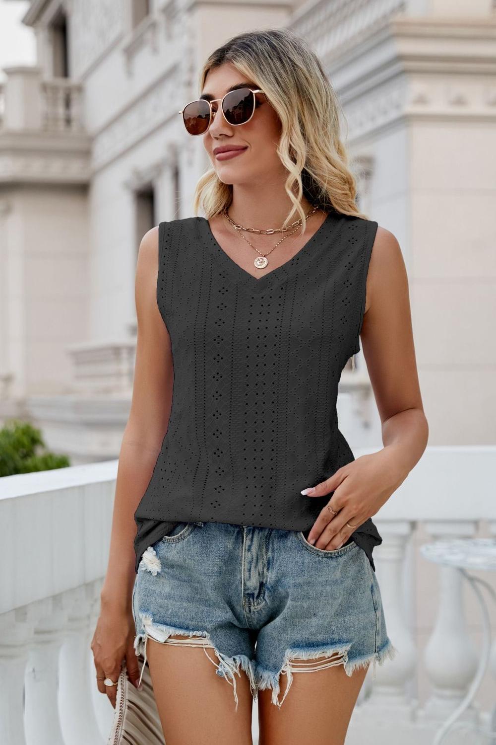 Eyelet V-Neck Tank - Quelle's BoutiQue