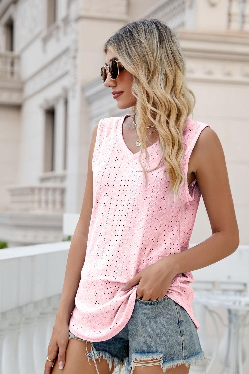 Eyelet V-Neck Tank - Quelle's BoutiQue