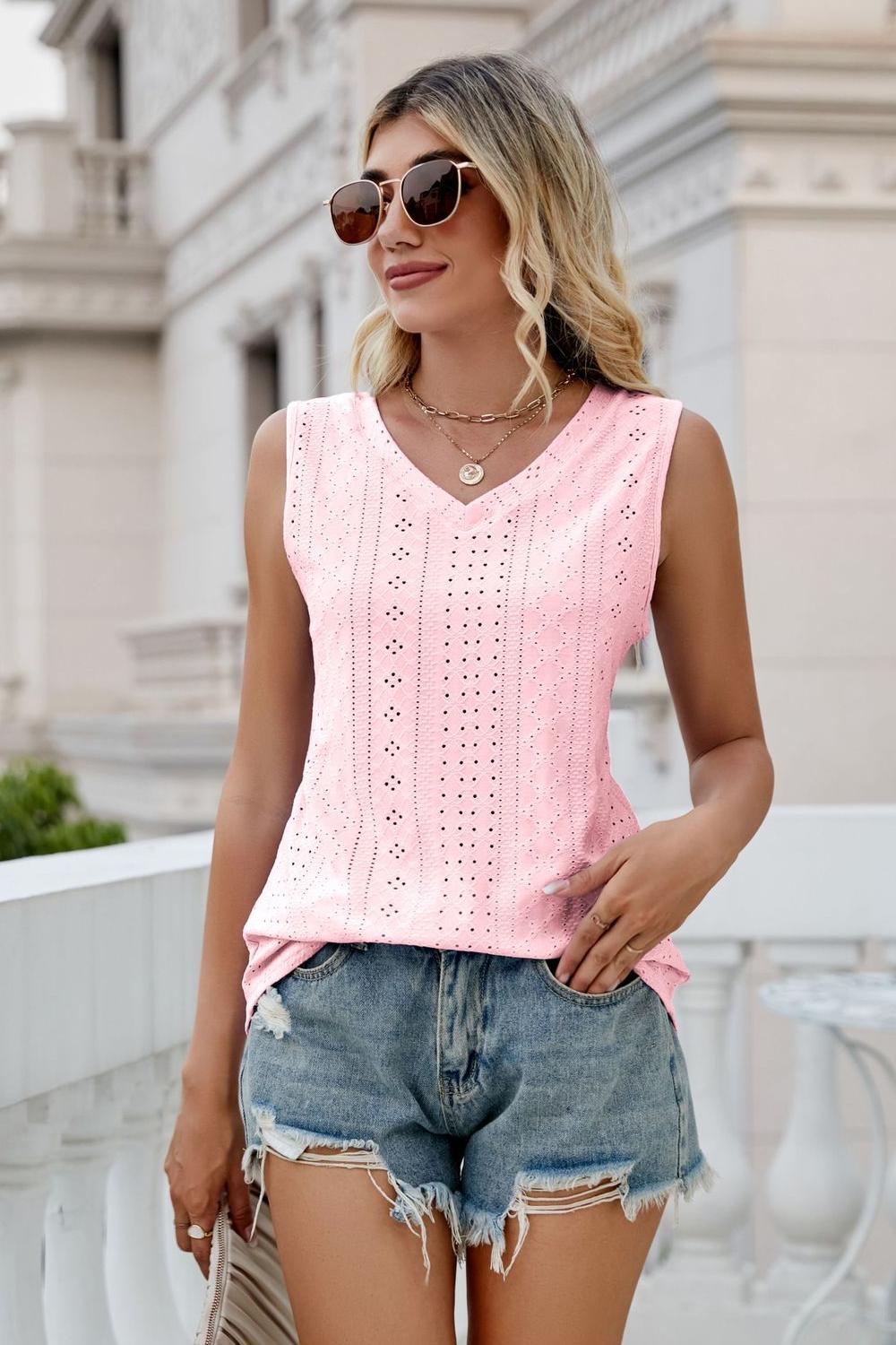 Eyelet V-Neck Tank - Quelle's BoutiQue
